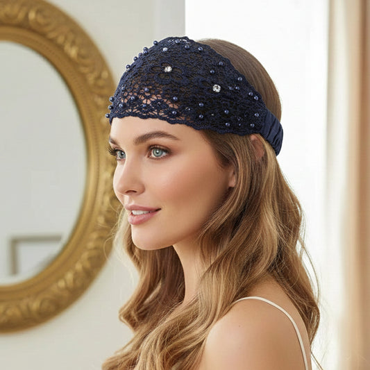 Bandeau Large en Dentelle Florale Brodée à Perles Bohème Bleu Marine