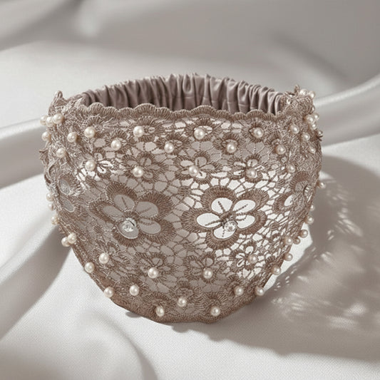 Bandeau Large en Dentelle Florale Brodée à Perles Bohème Beige Foncé