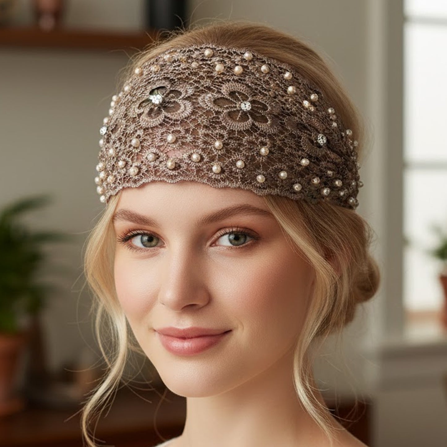 Bandeau Large en Dentelle Florale Brodée à Perles Bohème Beige Foncé
