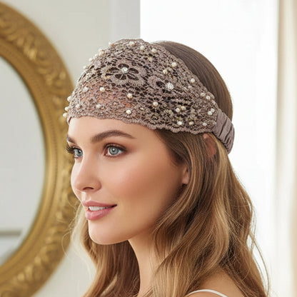 Bandeau Large en Dentelle Florale Brodée à Perles Bohème Beige Foncé