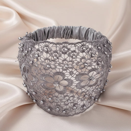 Bandeau Large en Dentelle Florale Brodée à Perles Bohème Gris