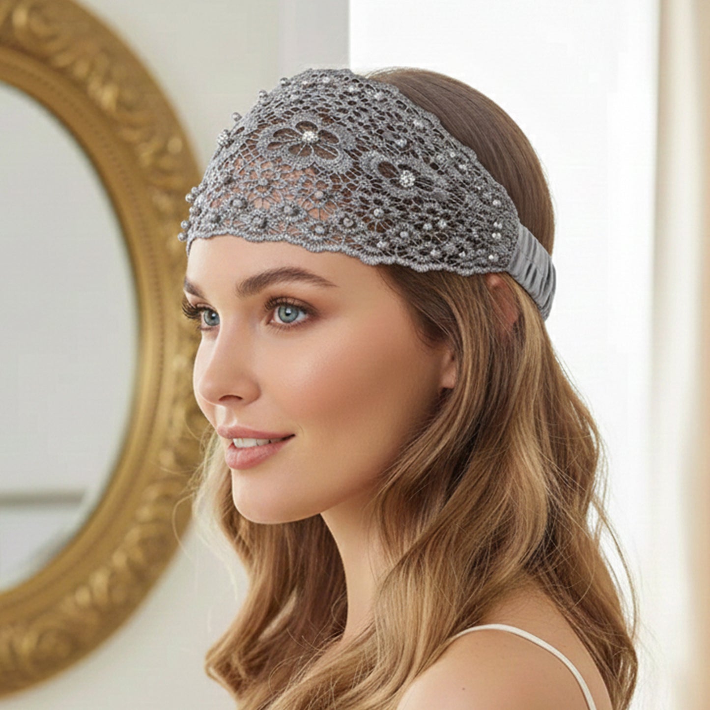 Bandeau Large en Dentelle Florale Brodée à Perles Bohème Gris