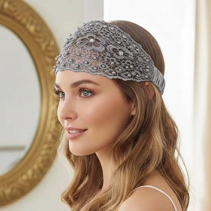 Bandeau Large en Dentelle Florale Brodée à Perles Bohème Gris
