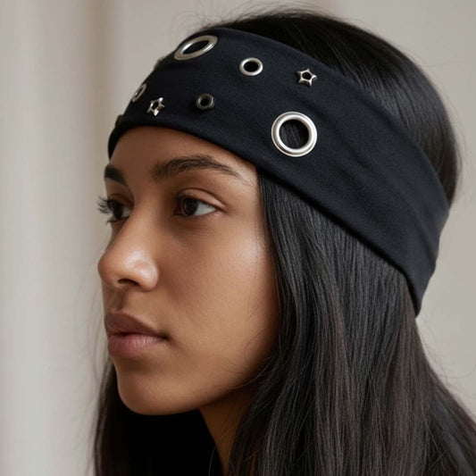 Bandeau Large à Œillets Métalliques Style Punk Noir