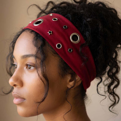 Bandeau Large à Œillets Métalliques Style Punk Rouge