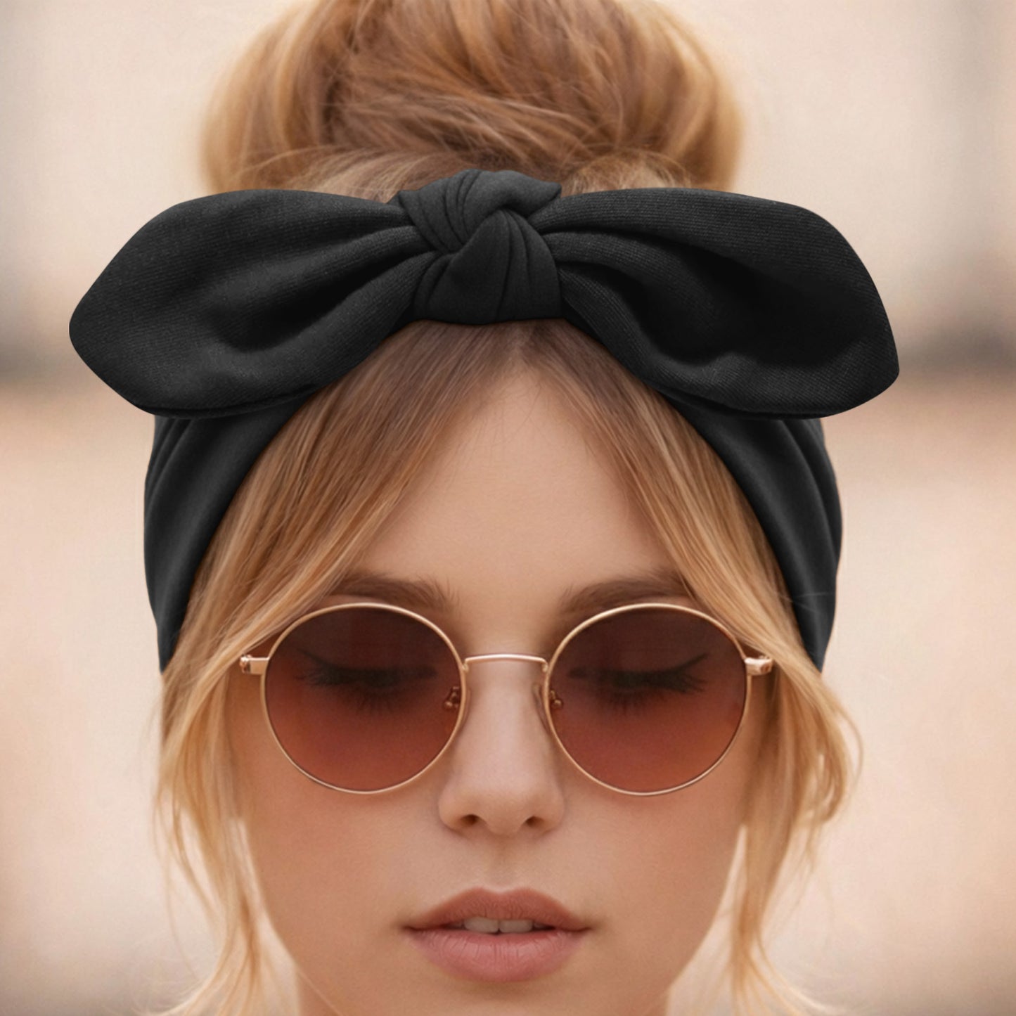 Bandeau Large à Nœud Papillon Effet Couture Noir
