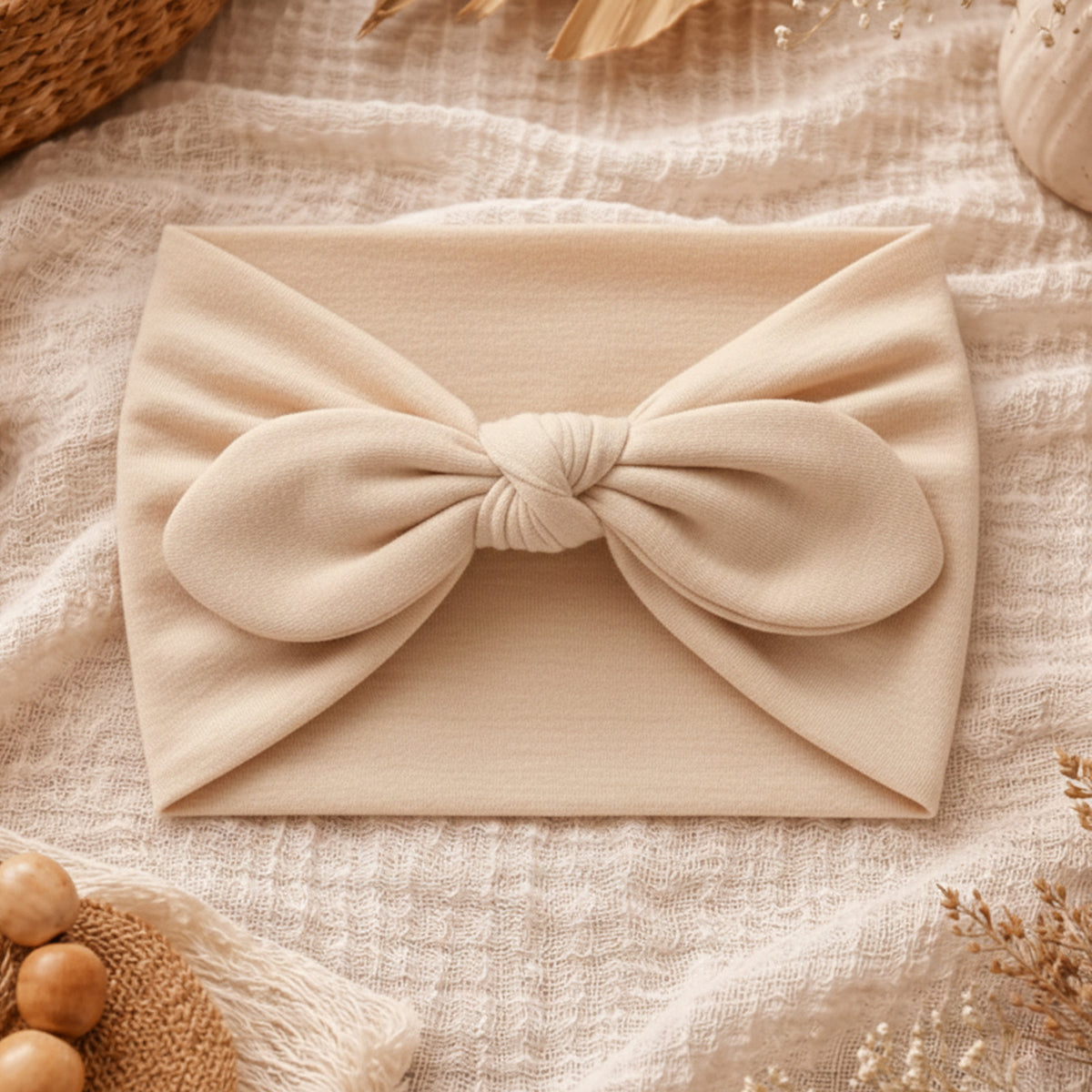Bandeau Large à Nœud Papillon Effet Couture Beige