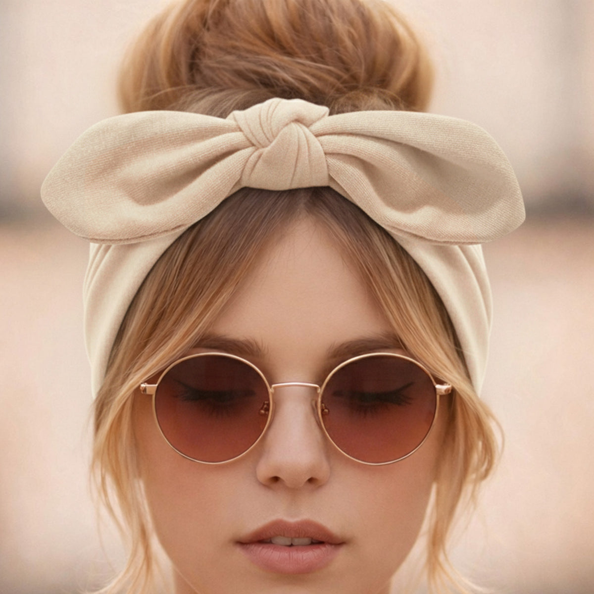 Bandeau Large à Nœud Papillon Effet Couture Beige