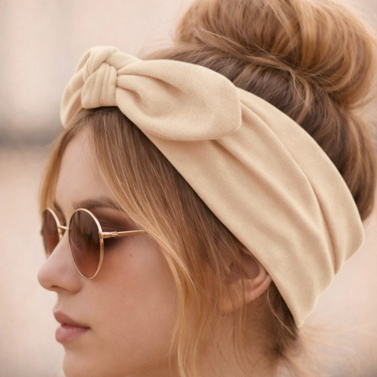 Bandeau Large à Nœud Papillon Effet Couture Beige