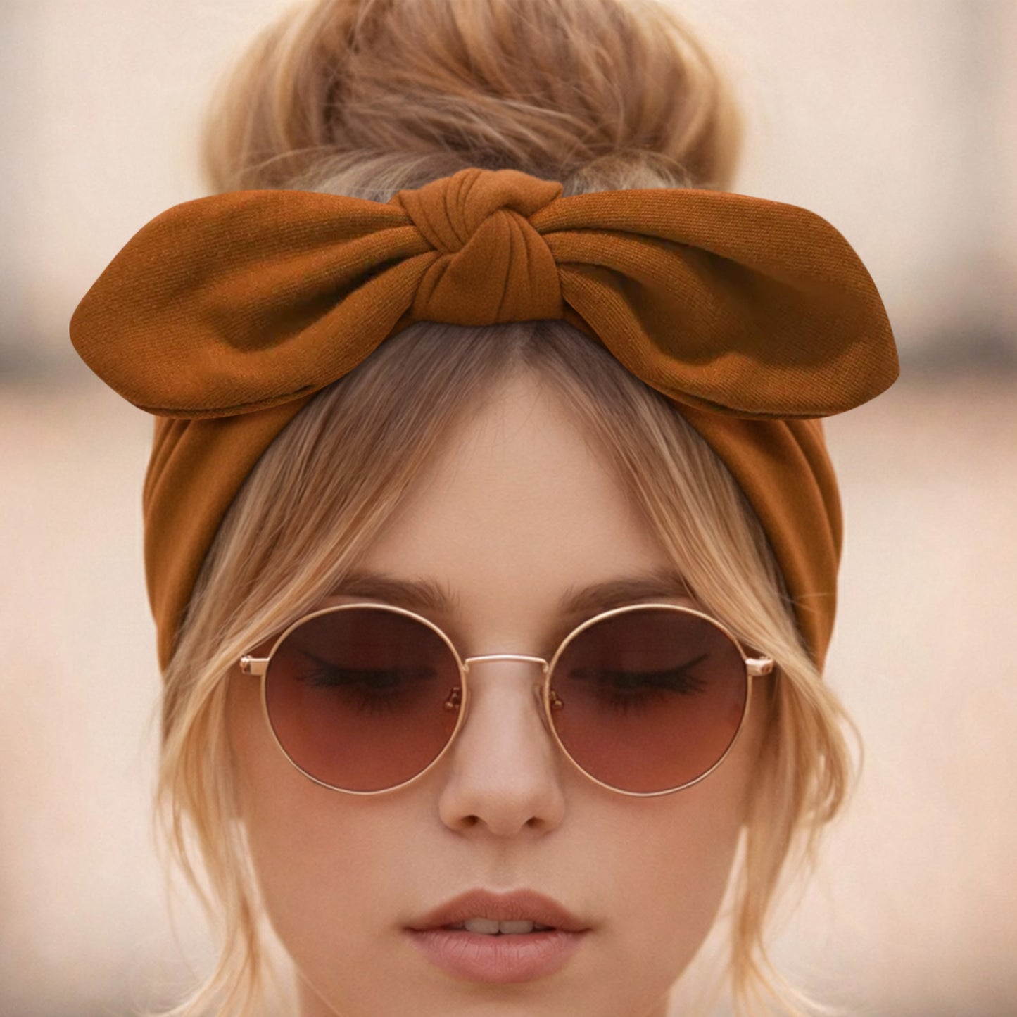 Bandeau Large à Nœud Papillon Effet Couture Marron Clair