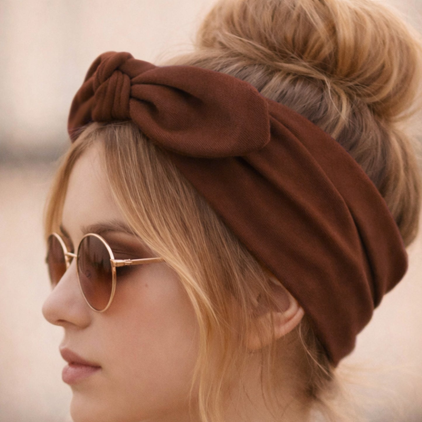Bandeau Large à Nœud Papillon Effet Couture Marron