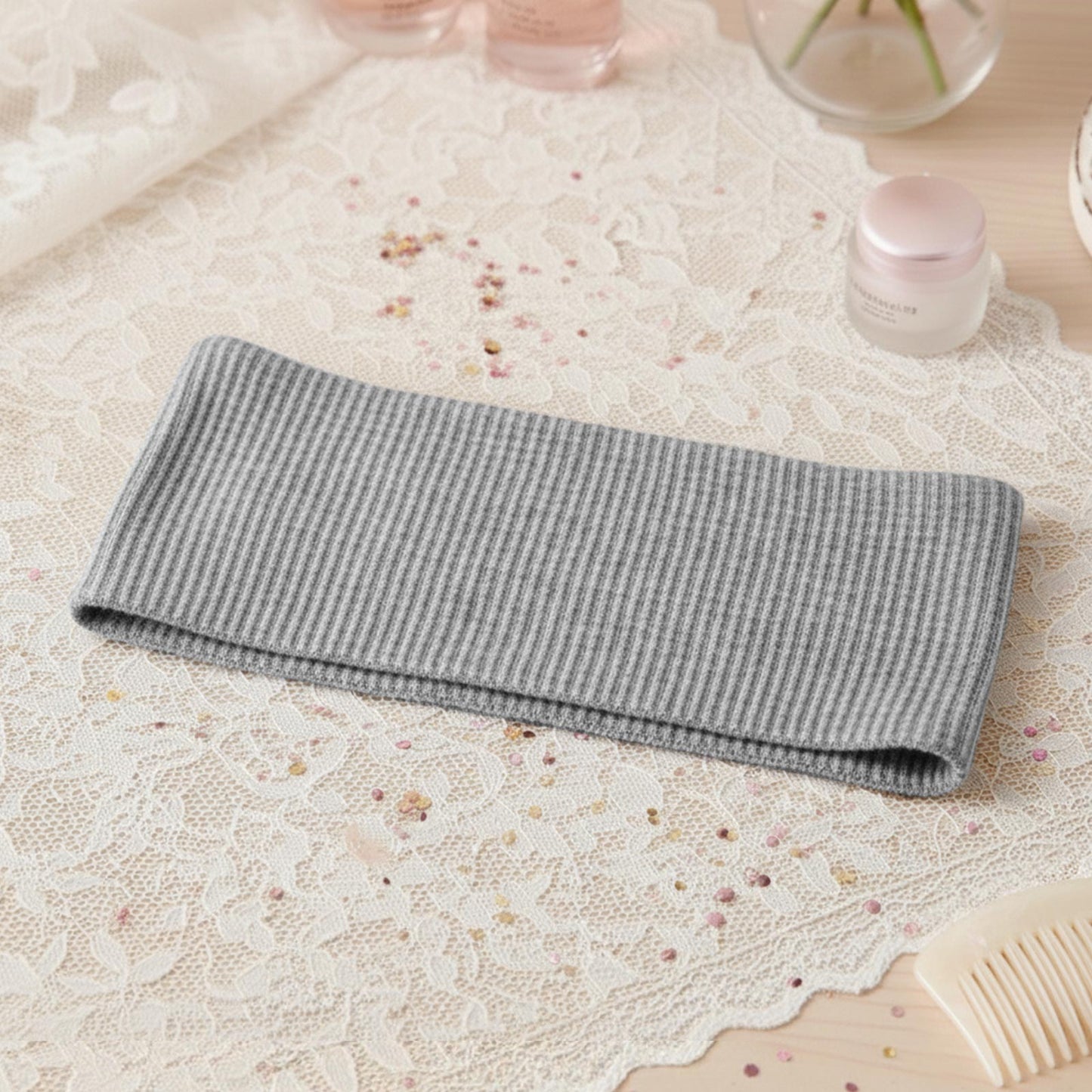 Bandeau Large Côtelé Mila en Coton Gris Clair