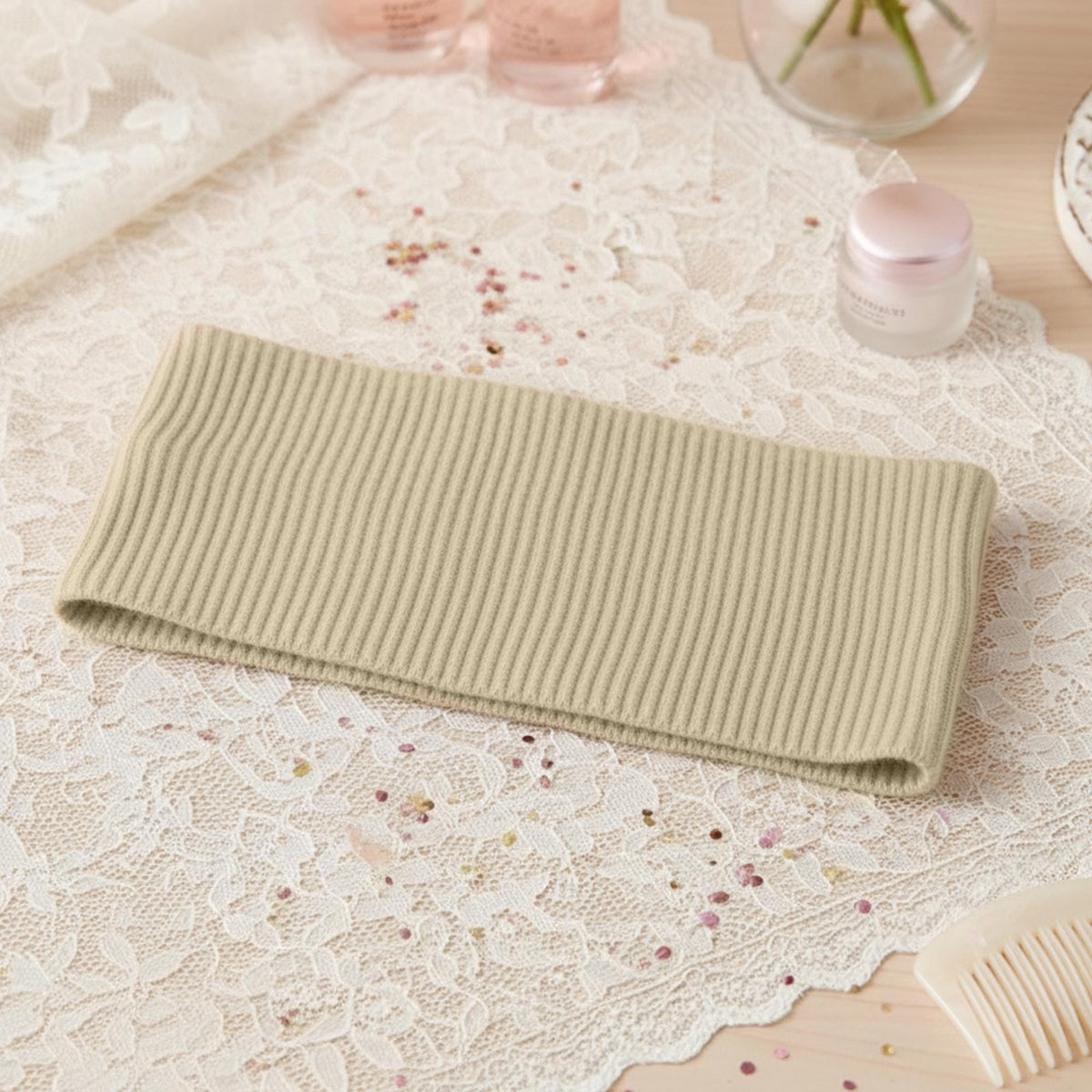 Bandeau Large Côtelé Mila en Coton Beige Clair