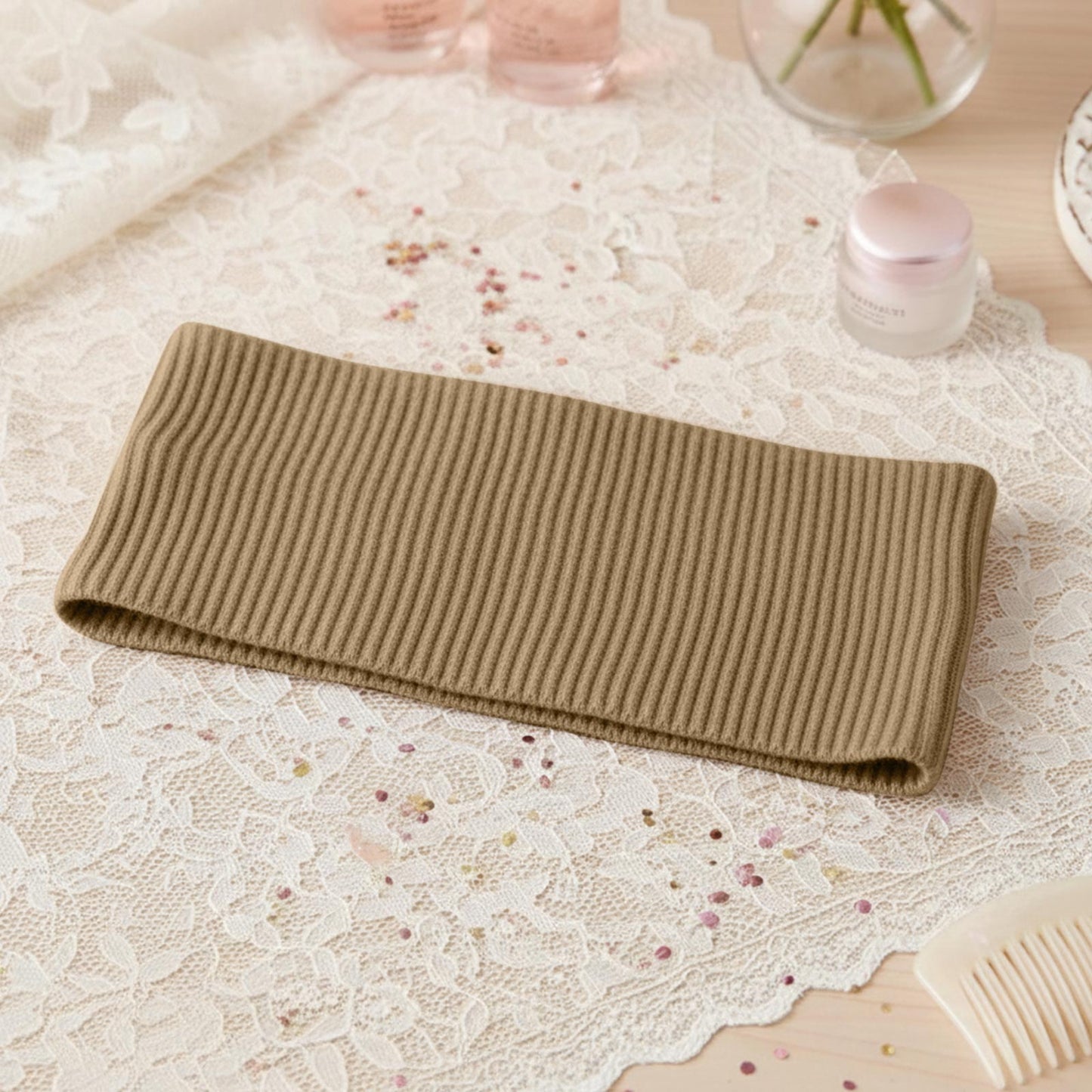 Bandeau Large Côtelé Mila en Coton Beige Kaki