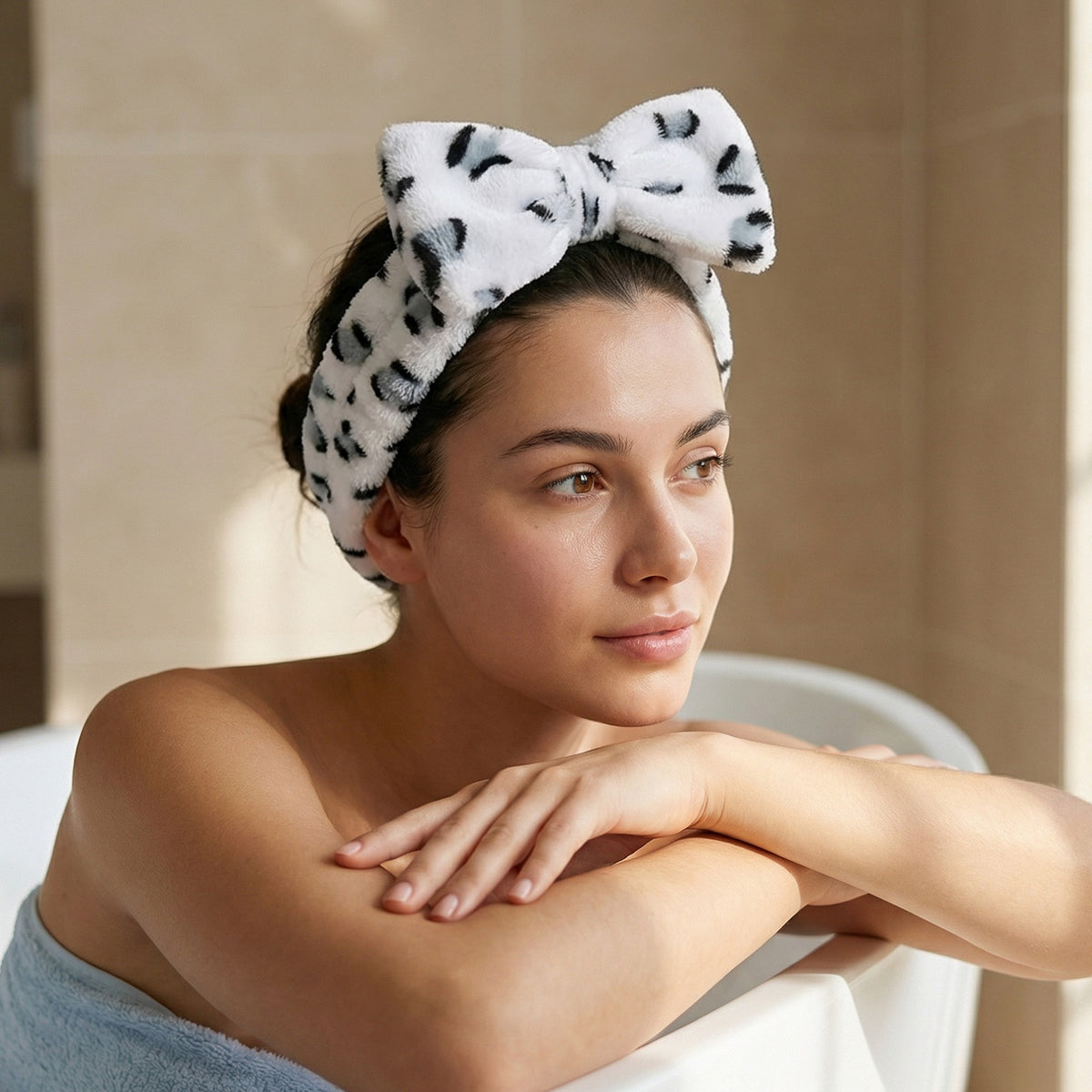 Bandeau Spa en Polaire Léopard Felicity Blanc