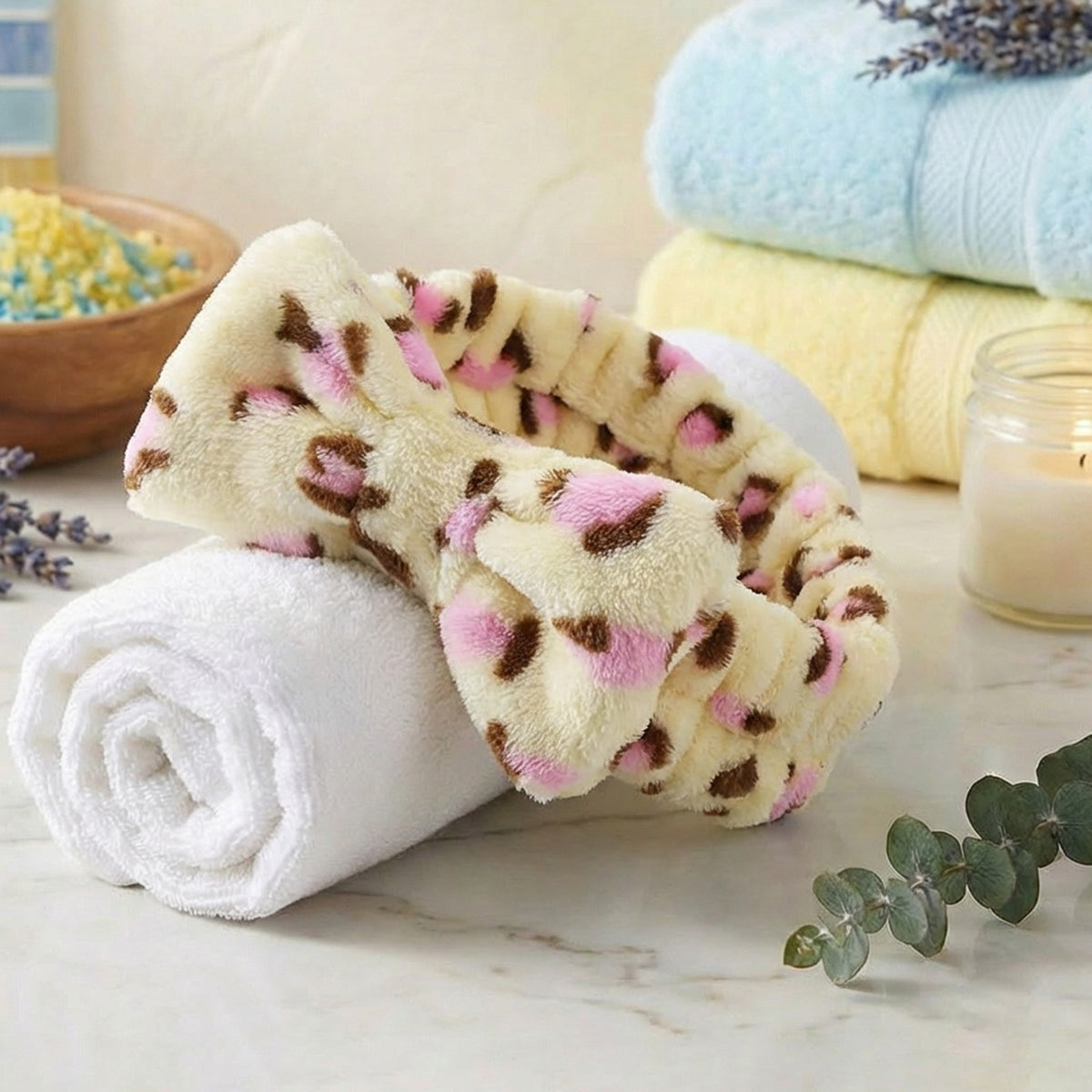 Bandeau Spa en Polaire Léopard Felicity Beige et Rose