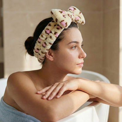 Bandeau Spa en Polaire Léopard Felicity Beige et Rose