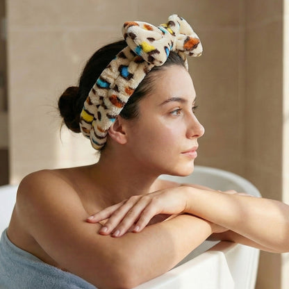 Bandeau Spa en Polaire Léopard Felicity Beige et Bleu
