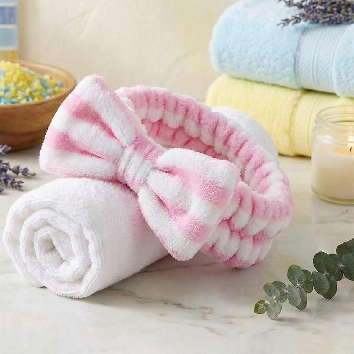 Bandeau Spa Harmony en Polaire Rose et Blanc
