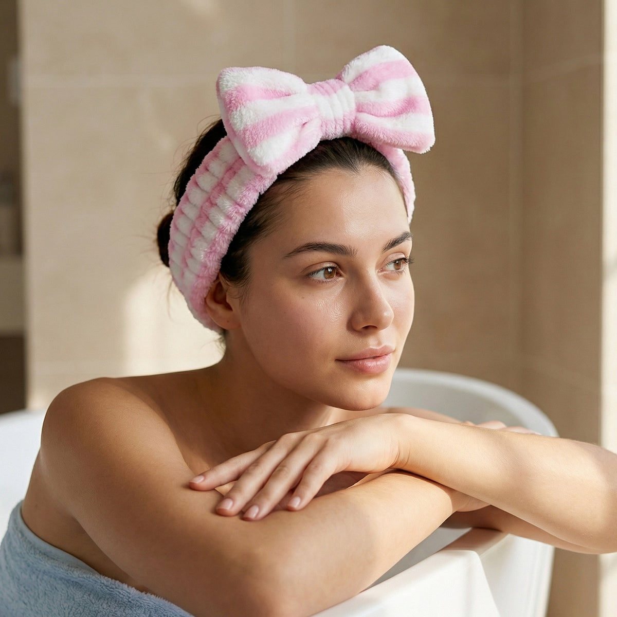 Bandeau Spa Harmony en Polaire Rose et Blanc