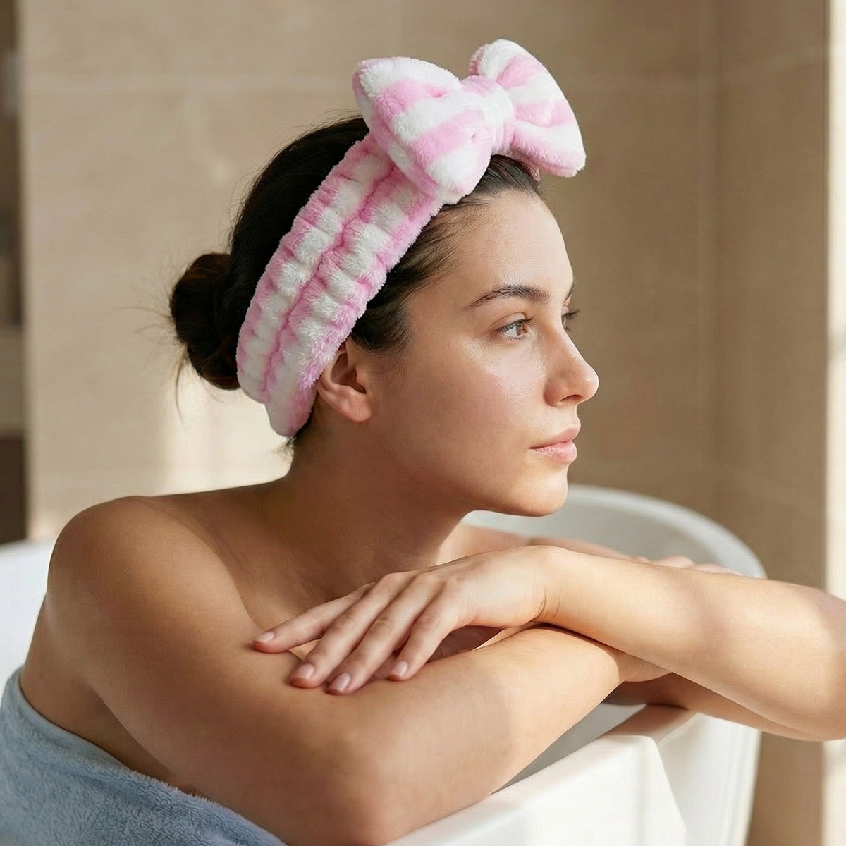 Bandeau Spa Harmony en Polaire Rose et Blanc