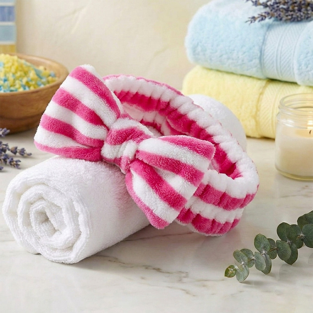 Bandeau Spa Harmony en Polaire Fuchsia et Blanc
