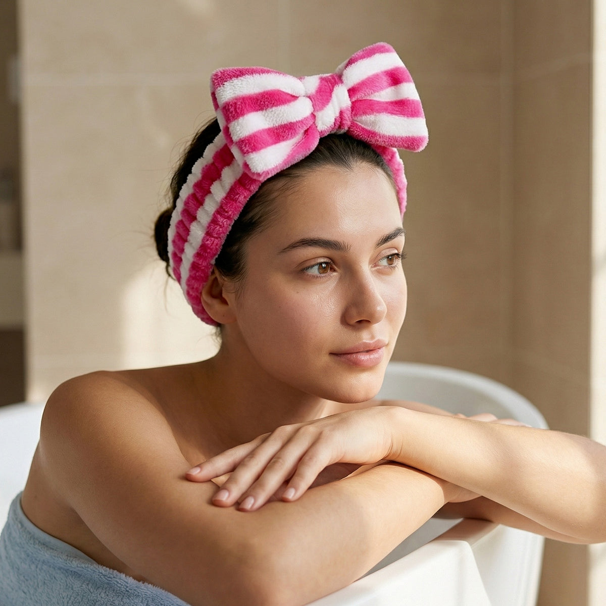 Bandeau Spa Harmony en Polaire Fuchsia et Blanc