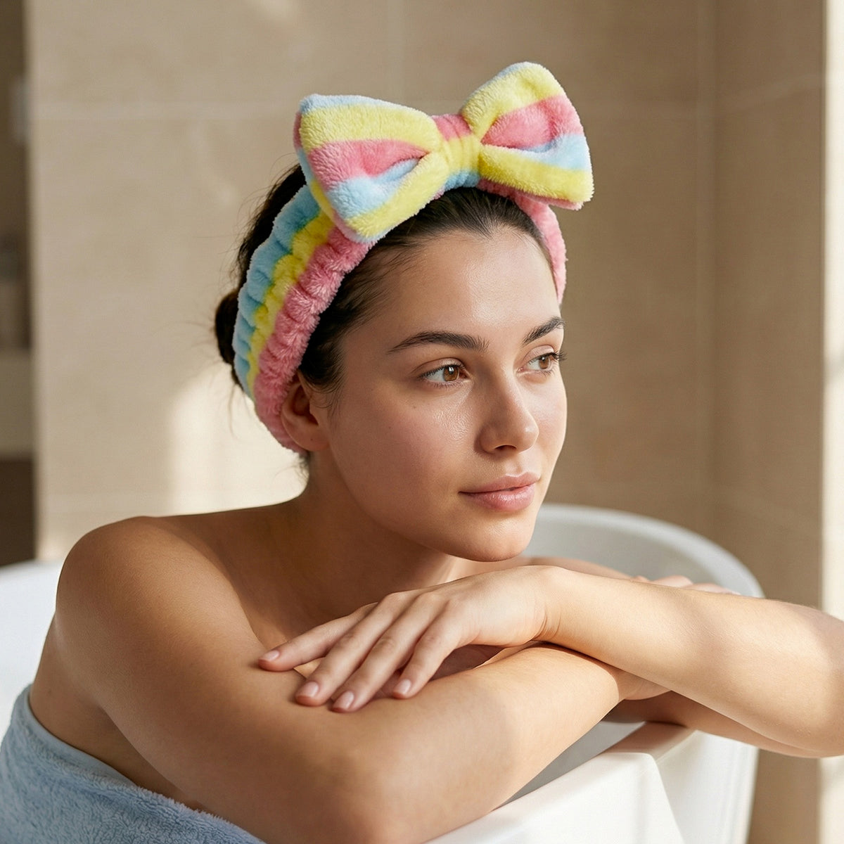 Bandeau Spa Harmony en Polaire Jaune Bleu et Rose