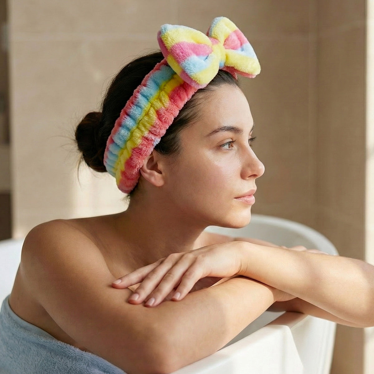 Bandeau Spa Harmony en Polaire Jaune Bleu et Rose