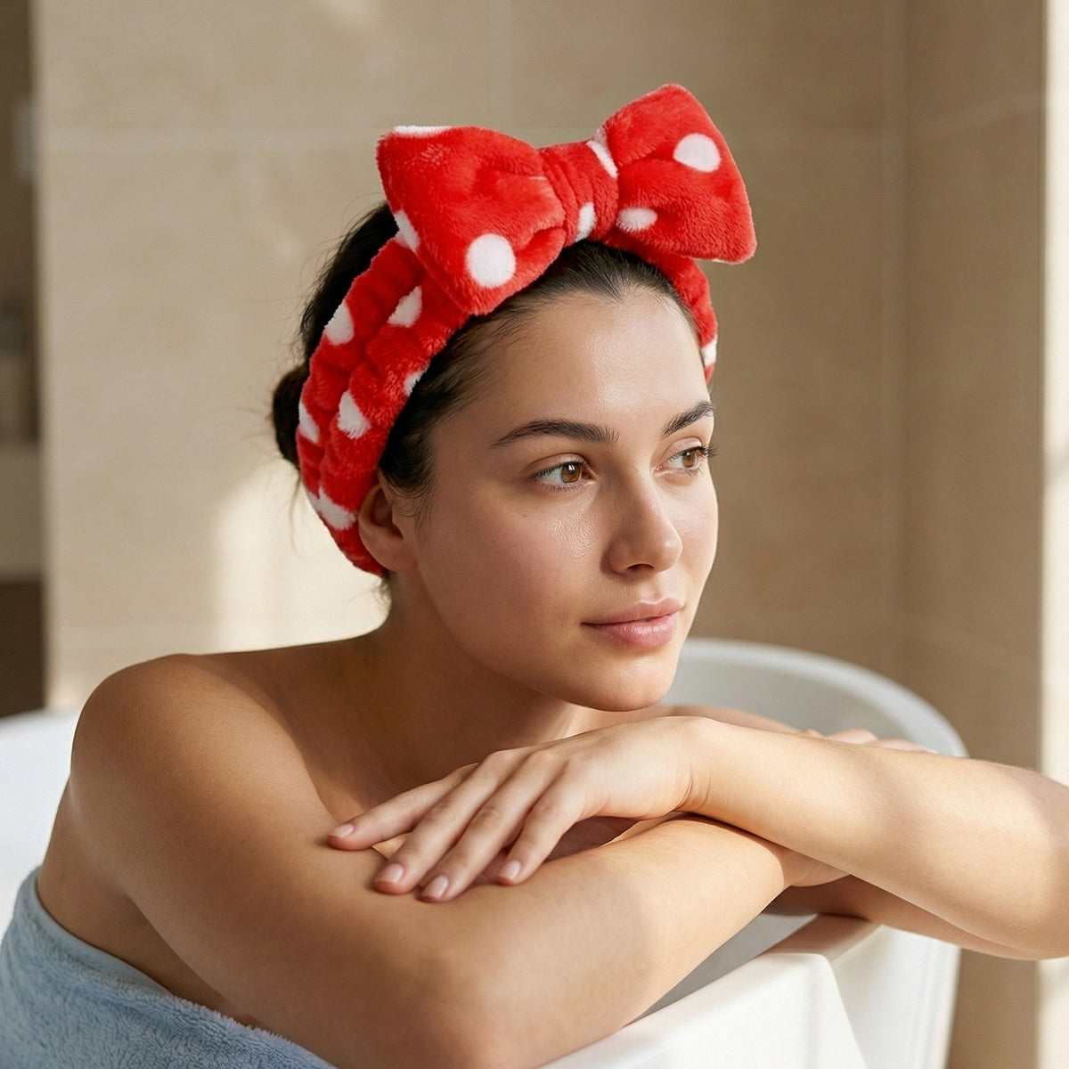 Bandeau Spa Willow à Pois en Polaire Rouge