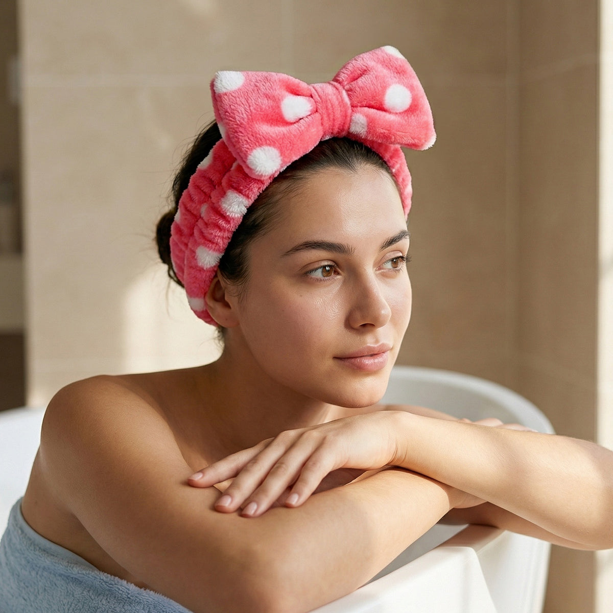 Bandeau Spa Willow à Pois en Polaire Rose