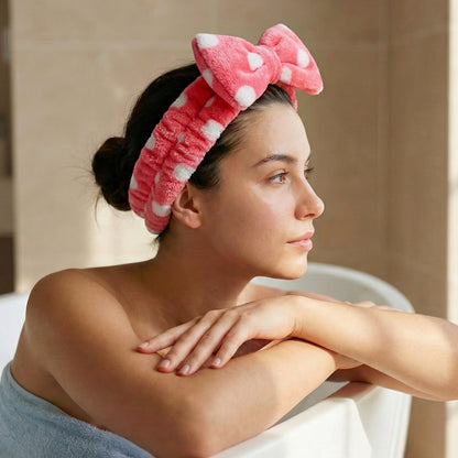 Bandeau Spa Willow à Pois en Polaire Rose