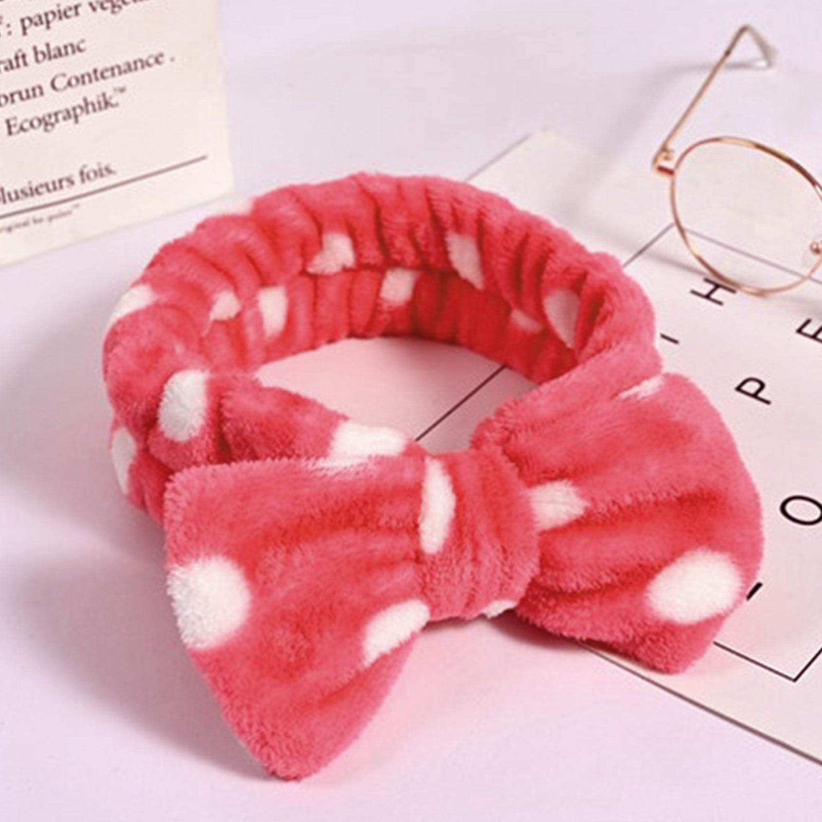 Bandeau Spa en Polaire à Pois Rose