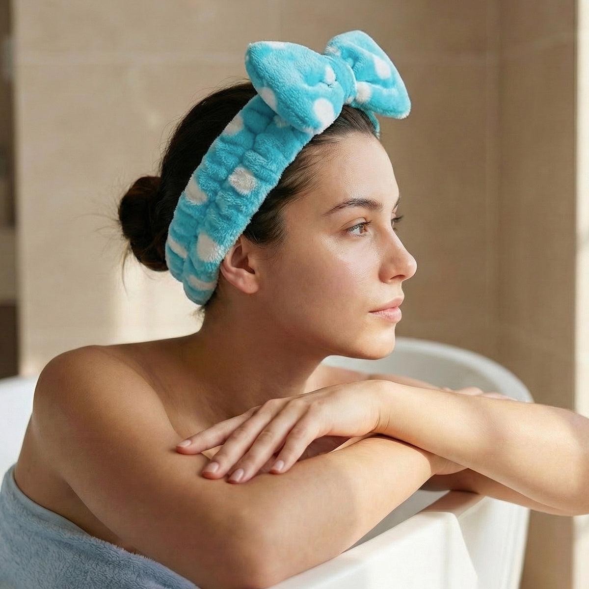 Bandeau Spa Willow à Pois en Polaire Turquoise