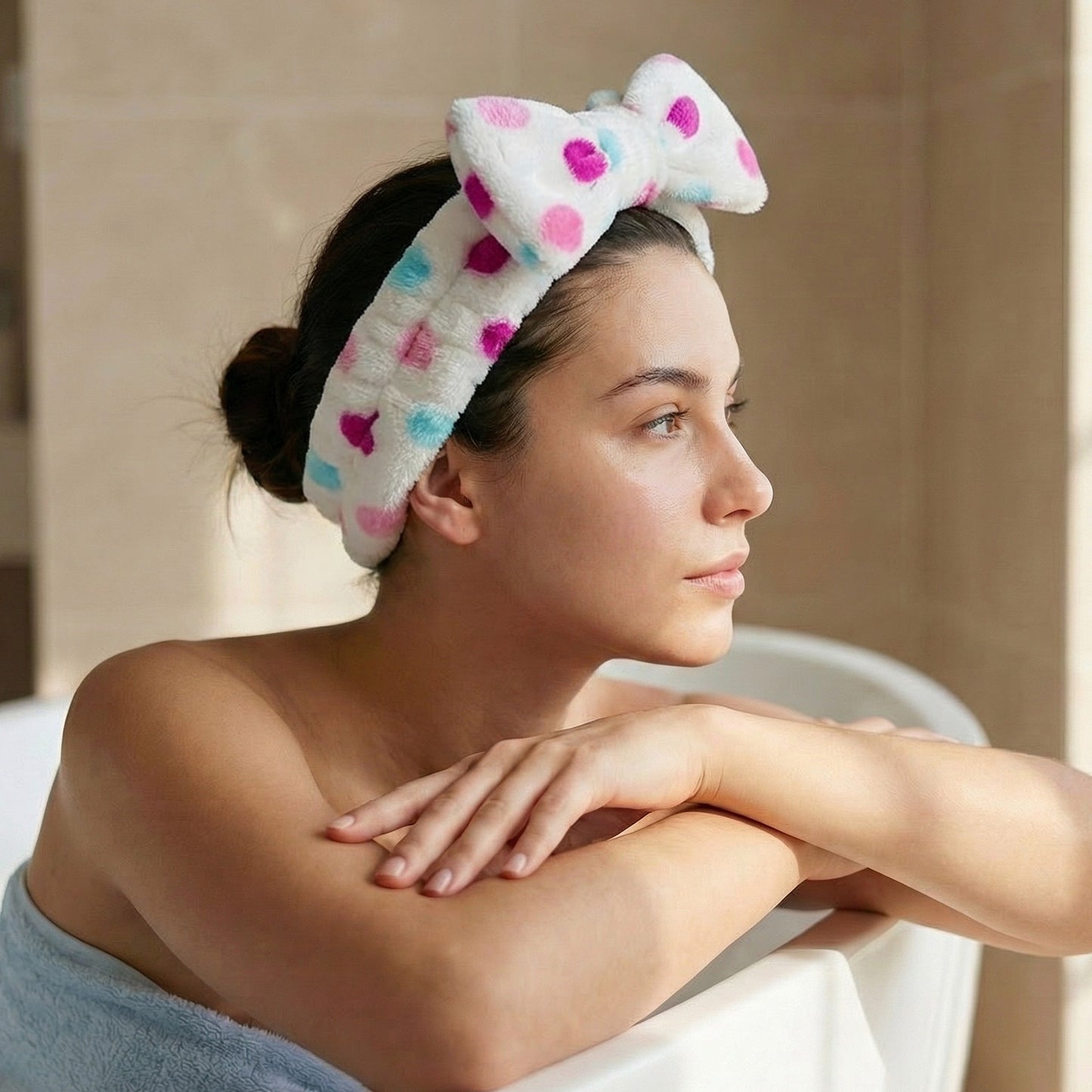 Bandeau Spa Willow à Pois en Polaire Blanc