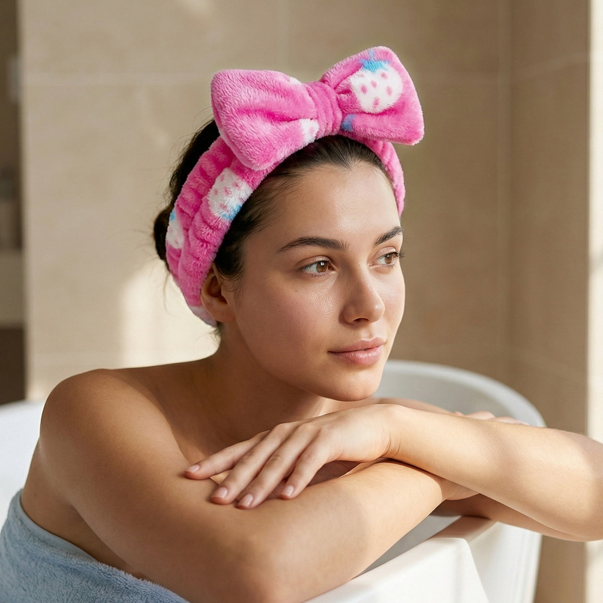 Bandeau Spa Fraise Sweet Berry en Polaire Fuchsia