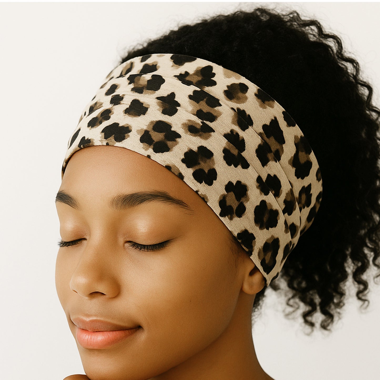 Bandeau Turban pour Cheveux en Coton Doux Imprimé Léopard Raffiné Beige