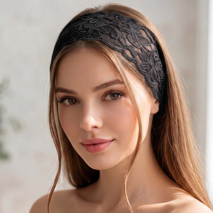 Bandeau Large Noir Voile de Fleurs Dentelle Festonnée