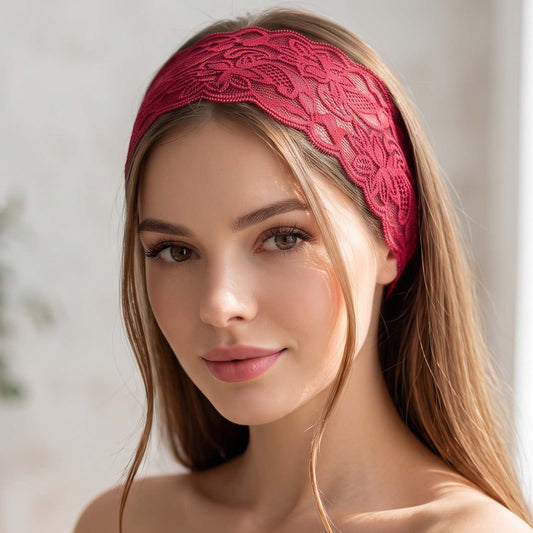 Bandeau Large Rouge Voile de Fleurs Dentelle Festonnée