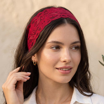 Bandeau Large Rouge Voile de Fleurs Dentelle Festonnée