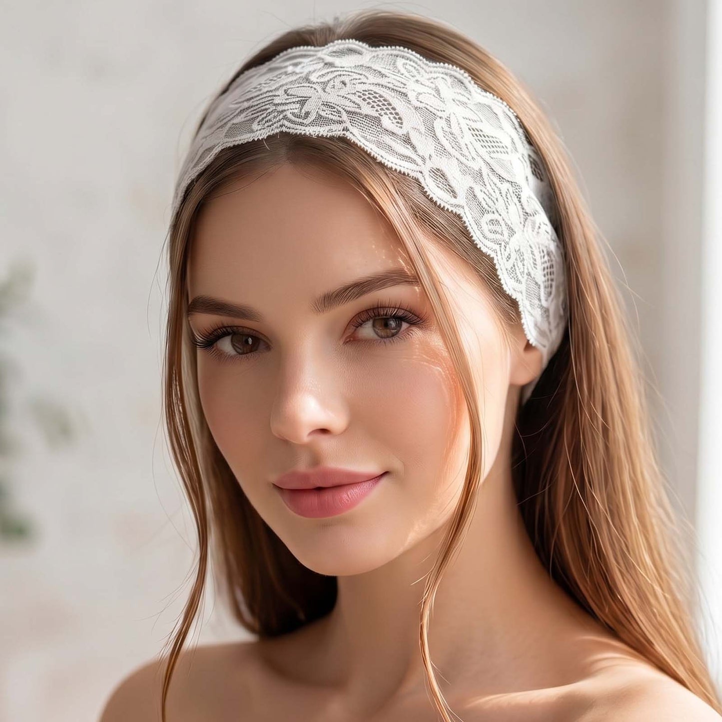 Bandeau Large Blanc Voile de Fleurs Dentelle Festonnée