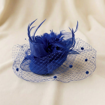 Chapeau Bibi Allure Glamour à Voilette à Pois et Fleur en Tulle Bleu Roi