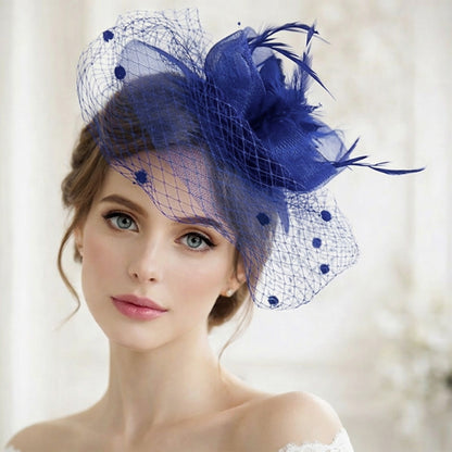 Chapeau Bibi Allure Glamour à Voilette à Pois et Fleur en Tulle Bleu Roi