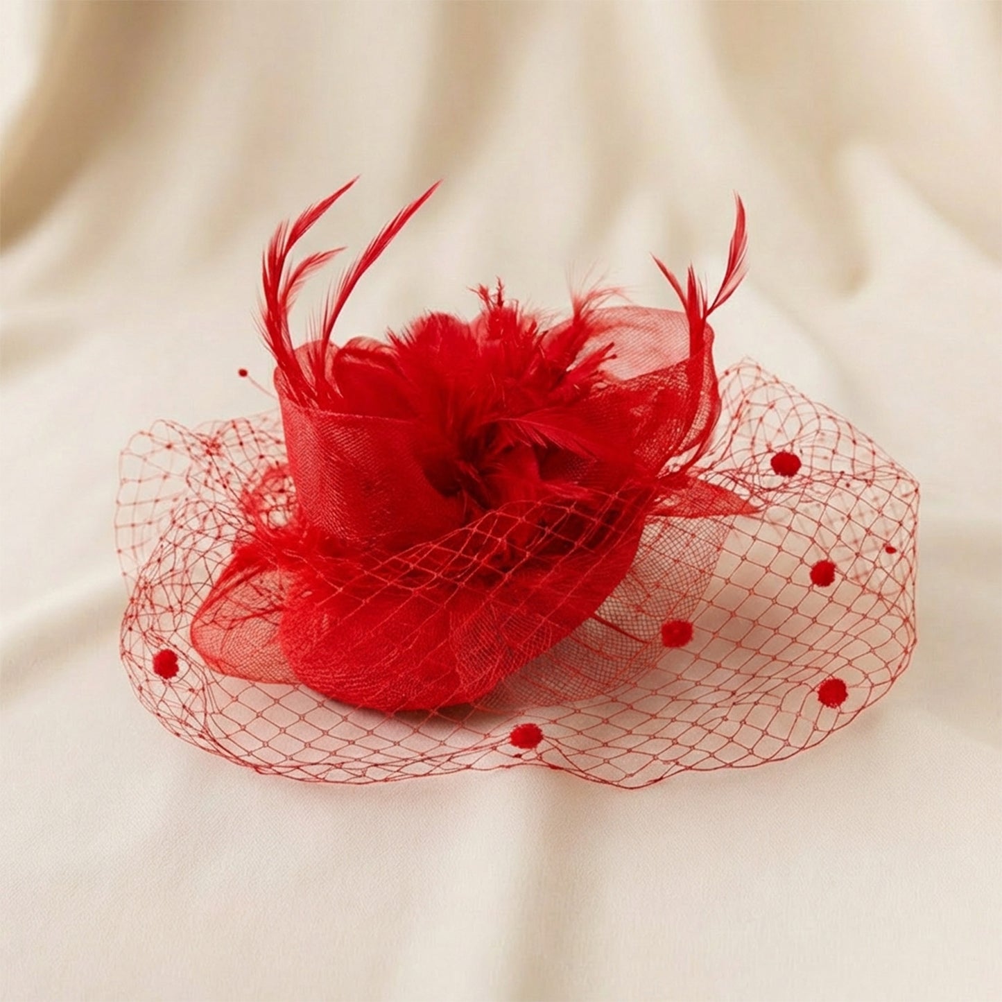 Chapeau Bibi Allure Glamour à Voilette à Pois et Fleur en Tulle Rouge
