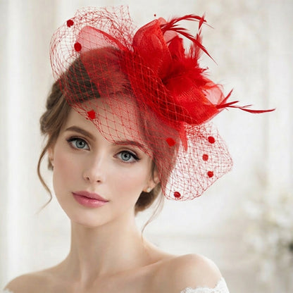 Chapeau Bibi Allure Glamour à Voilette à Pois et Fleur en Tulle Rouge