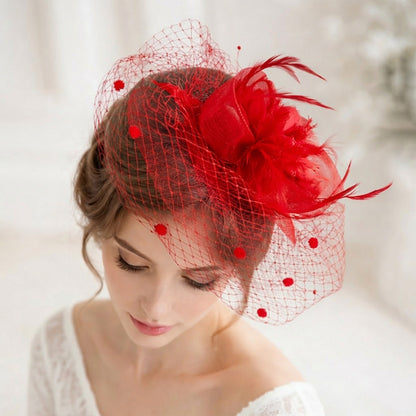 Chapeau Bibi Allure Glamour à Voilette à Pois et Fleur en Tulle Rouge