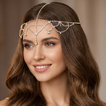 Collier de Tête Chaîne Dorée Orientale à Perles et Cristaux Brillants