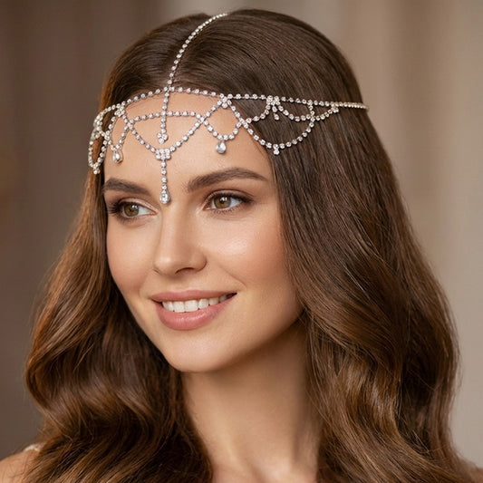 Collier de Tête Chaîne Argentée Orientale à Perles et Cristaux Brillants