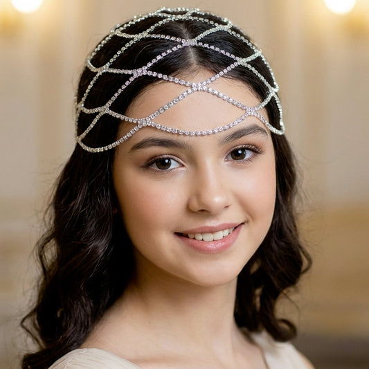 Bijou de Tête Chaîne Argentée Type Rosette Florale en Strass