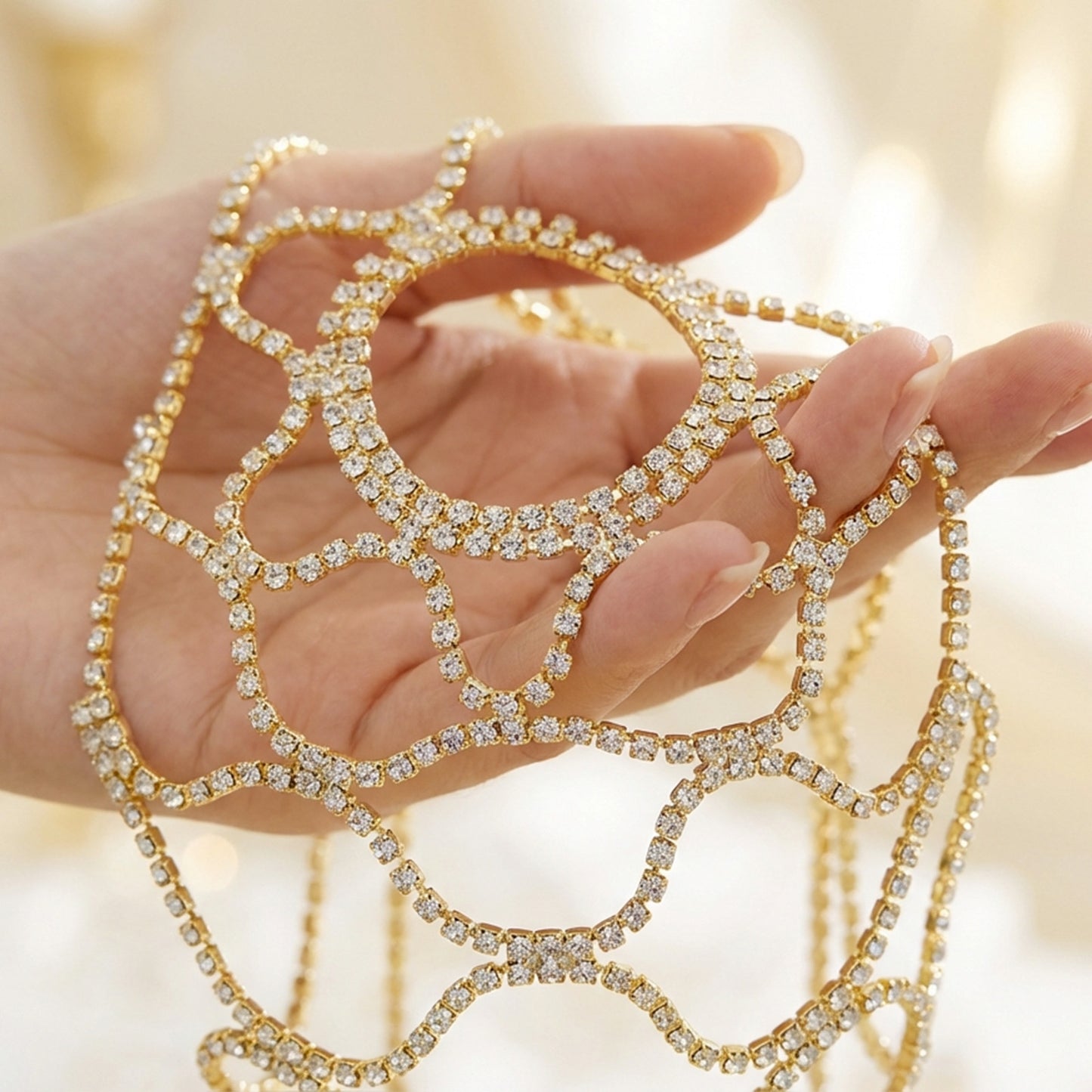 Bijou de Tête Chaîne Dorée Type Rosette Florale en Strass